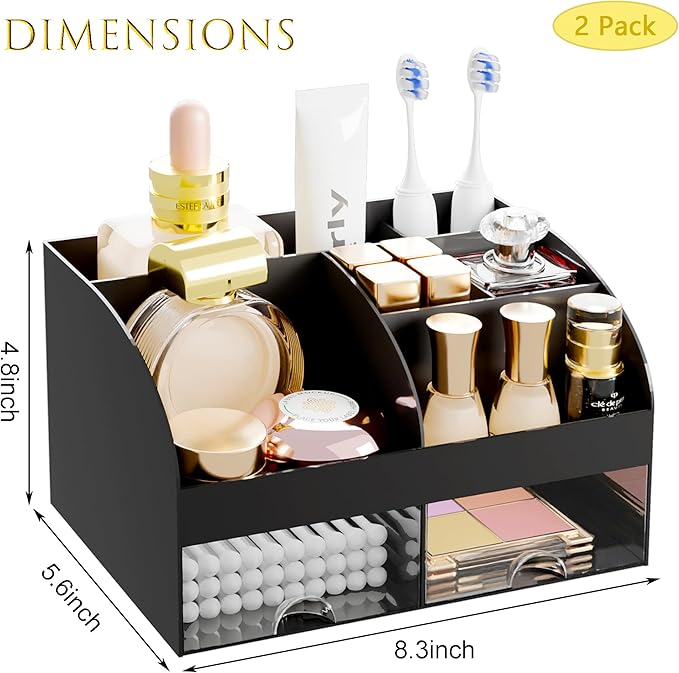 Makeup Organizer with 2 Drawers, Cosmetic Storage for Dresser Vanity and Bathroom Countertop,Make up organization and Skincar