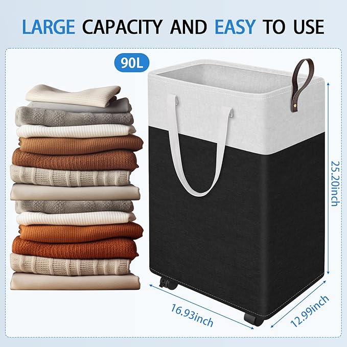 HomeHacks Laundry Basket with Wheels, Rolling Laundry Hamper, Collapsible & Waterproof Clothes Hamper, Narrow Corner Bins wit