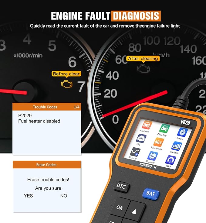 OBD2 Scanner with Upgrade Battery Tester - Diagnostic Tool for Cars That Check Engine Light & Emissions Readiness Read and