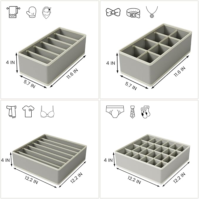 Drawer Organizer Clothes Set, 4 Pack Foldable Dresser Closet Dividers (6/8/7/24-Cell), Non-Woven Underwear & Sock Drawer Orga