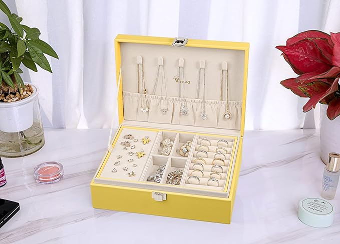Voova Jewelry Box Organizer for Women Girls, 2 Layer Large Men Jewelry Storage Case, PU Leather Display Jewellery Holder with