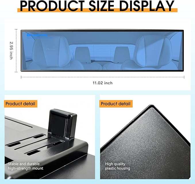 Broadway Panoramic Rear View Mirror Wide Angle Car Mirror Blind Spot Convex Rearview Mirror Essential Rear View Mirror Accessories for Cars SUV Trucks Vehicles (270mm-Blue)