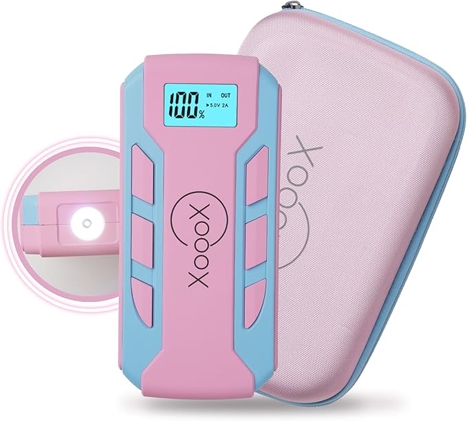XoooX Pink Portable Car Battery Jump Starter Kit with Jumper Cables, LED Light and Case; 12V Jump Start Battery Pack; Portable Battery Charger for USB/USB-C Devices