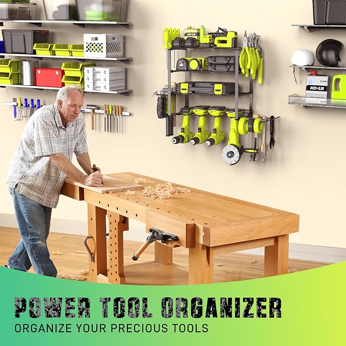 SUNALLY Power Tool Organizer, 4 Drill Holder Wall Mount, Garage Tool Organizer and Storage with Screwdriver Holder, Garage Or