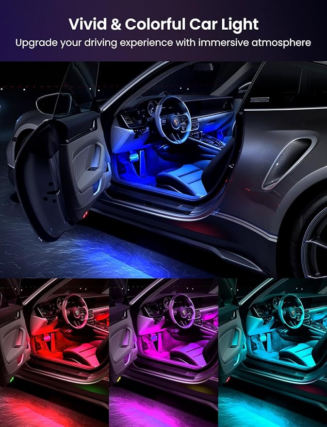 Car RGB LED Lights, Smart 48 LED Car Interior Light with APP Control, Under Dash Car Strip Lights, Music Mode, DIY Mode, 2 Lines Design Light with Charger, Ambient Lighting for Cars SUVs Trucks