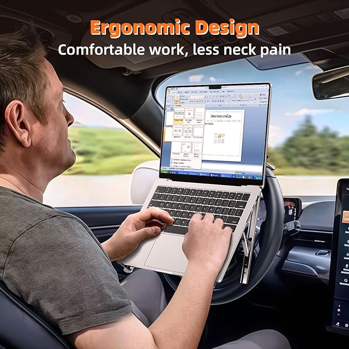 Foldable Car Laptop Holder, Adjustable Car Laptop Mount for Steering Wheel Tray Holder, Metal Notebook stand| Car Reading Stand | Car Tablet Holder, Multipurpose Travel Car Accessories-Silver
