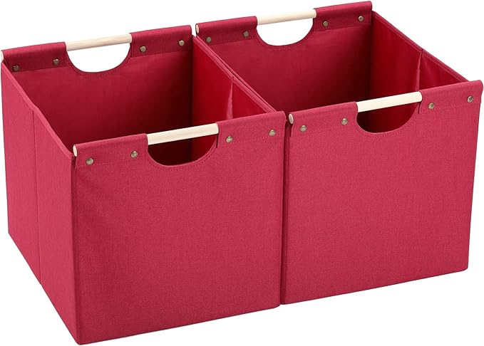 HOONEX Large Collapsible Storage Bins, Linen Fabric, Pack of 2, Storage Baskets with Wooden Carry Handles and Sturdy Heavy Ca