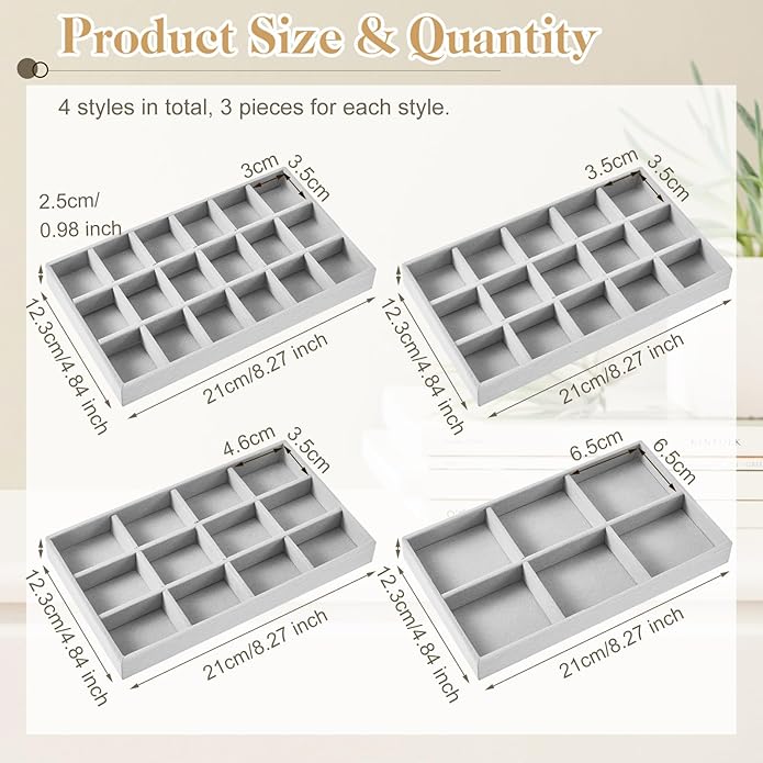 Junkin 12 Pcs Jewelry Tray Velvet Stackable Jewelry Organizer Trays Divided Earring Accessories Storage Containers Box (Rose 