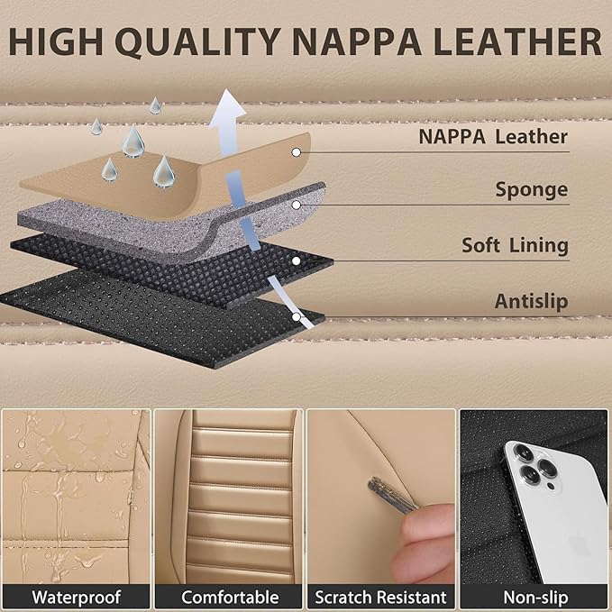 CAR PASS Nappa Leather Car Seat Covers Front Seats, Luxury Seat Protector for Cars, Waterproof Anti-Slip Seat Cushion Airbag 