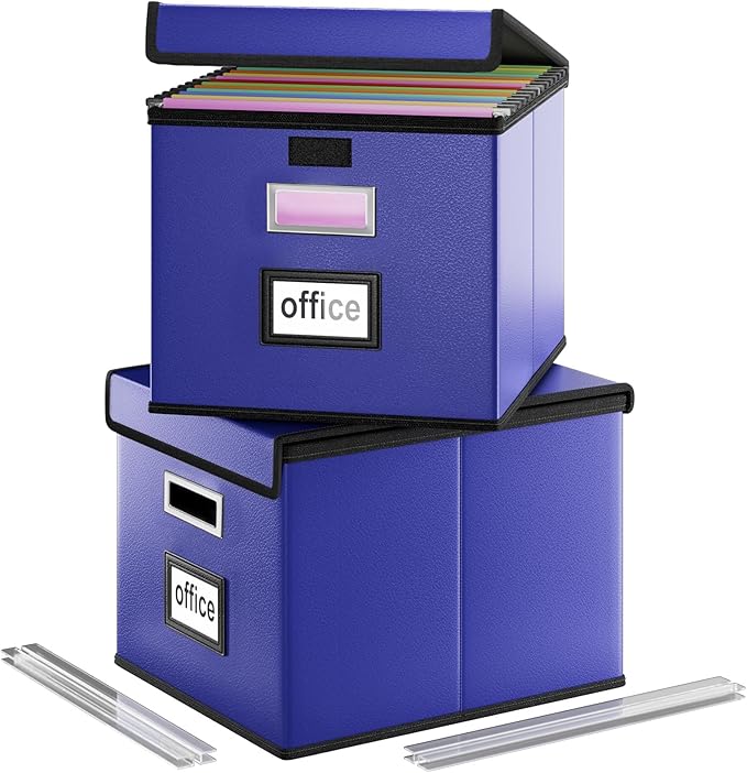 Huolewa Portable Leather File Organizer Boxes with Lids, Collapsible File Folder Organizer Boxes, Decorative Small Filing Fil