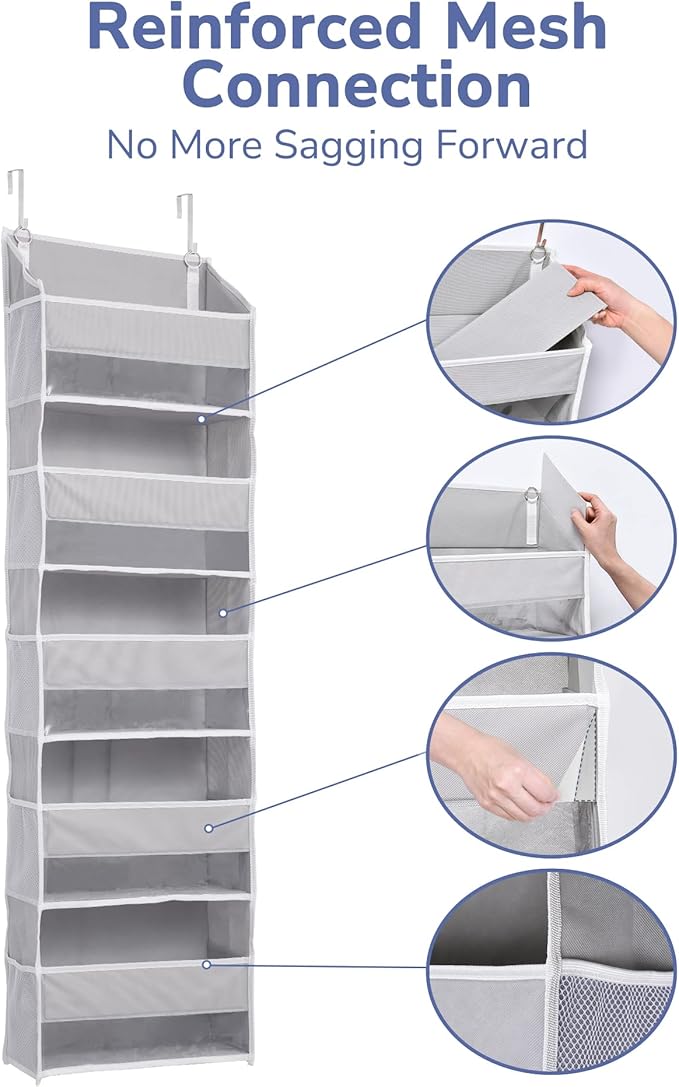 ULG 1 Pack Over Door Organizer with 5 Large Pockets 10 Mesh Side Pockets, 44 lbs Weight Capacity Hanging Storage Organizer wi