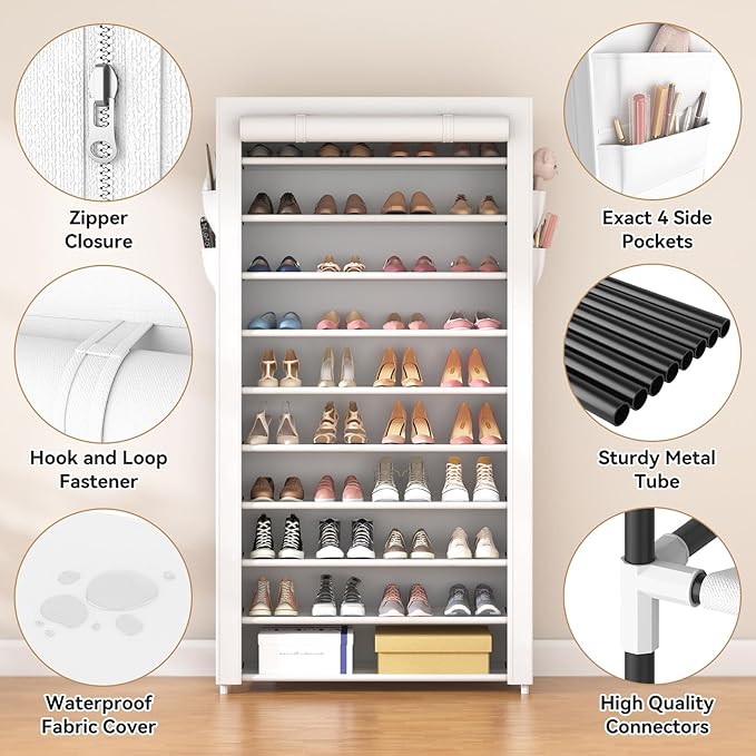 ROJASOP Shoe Rack with Covers 10 Tier Large Shoe Organizer Tall Shoe Closet Storage for 50-55 Pairs Shoe and Boot, Free Stand