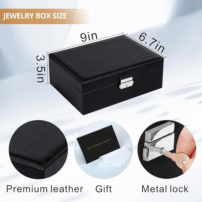 Jewelry Boxes for Women Girls 2 Layers leather Jewelry Organizer Case with Lock Storage Box Removable Tray for Necklace Earri
