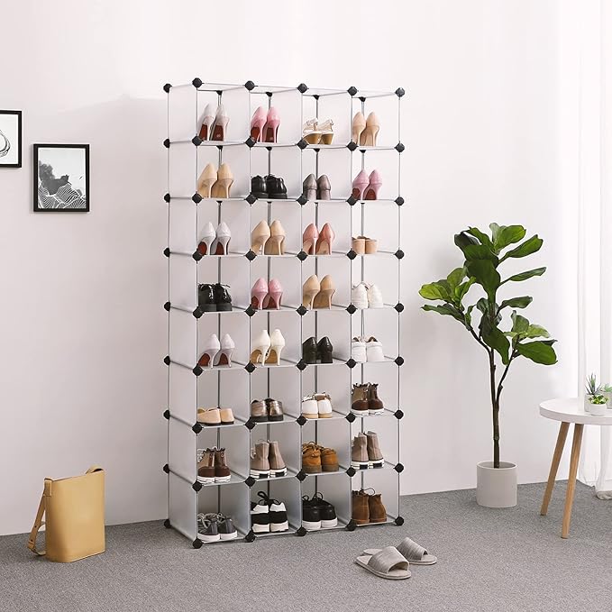 SONGMICS Shoe Rack with 32 Cubes, Interlocking Plastic Shoe Organizer, DIY Storage Cabinet for Closet Entryway Bedroom Garage
