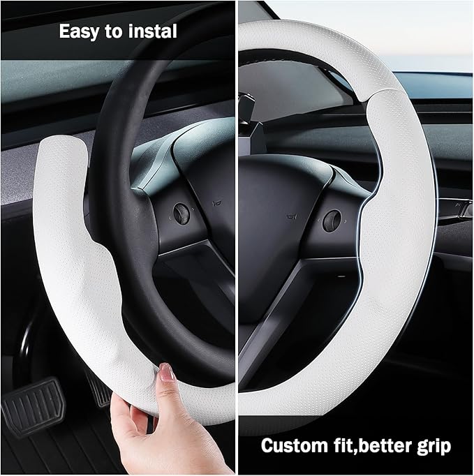 Steering Wheel Cover for 2017-2023 Tesla Model 3 2020-2024 Tesla Model Y, Leather Steering Wheel Cover for Tesla Model 3/Y Accessories, White