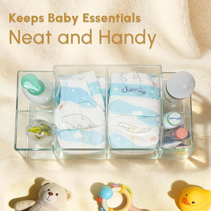 Diaper Caddy Acrylic, Baby Changing Table Organizer, Dresser Tabletop Organizer with 4 Detachable Compartments, Storage for W