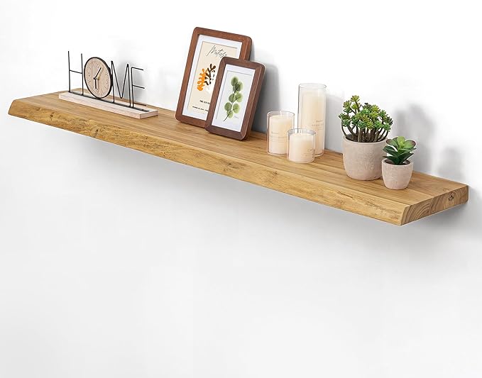 Rustic Wood Floating Shelves for Wall Decor, Reclaimed Elm Wood Live Edge Shelves 48 Inch Long, 8 Inch Deep Floating Shelf fo