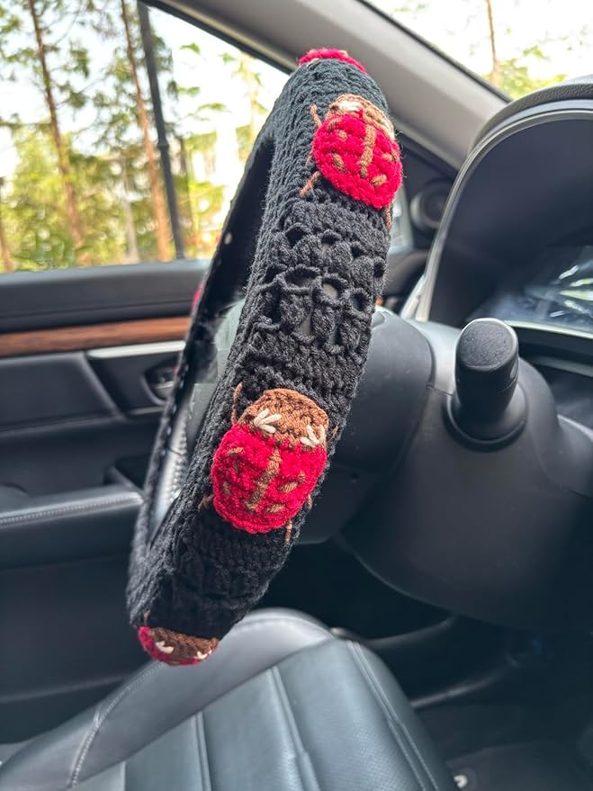 Crochet Ladybug Steering Wheel Cover Universal 14-15 inch (D,Steering Wheel Cover)