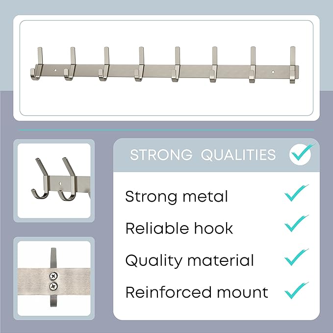 Coat Rack Wall Mount – Brushed Nickel 24 Inch Stainless Steel Hook Rail with 8 Heavy Duty Double Coat Hooks – Wall Mounted Co