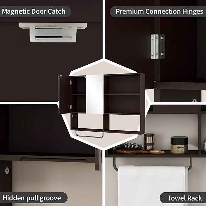 Medicine Cabinet, Wooden Bathroom Wall Cabinet with 2 Doors, Adjustable Shelves & Towel Bar, Over Toilet Storage Cabinet Wall