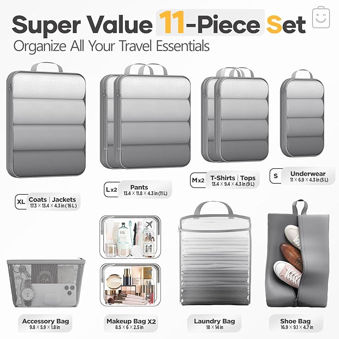 Veken 11 Set Compression Packing Cubes for Travel Essentials,Compressible Expandable Large Luggage Suitcase Organizer Bags fo