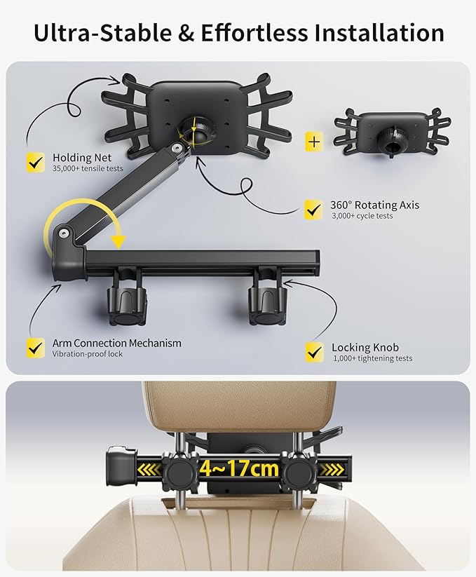 FANGOR Tablet Holder for Car - [3 in 1 Adjustable Extension Arm] Upgraded iPad Holder for car Backseat with Holding Net, Road Trip Essentials for Kids, for 4.7-13" iPad Pro, Air, Mini, Fire HD, Phone