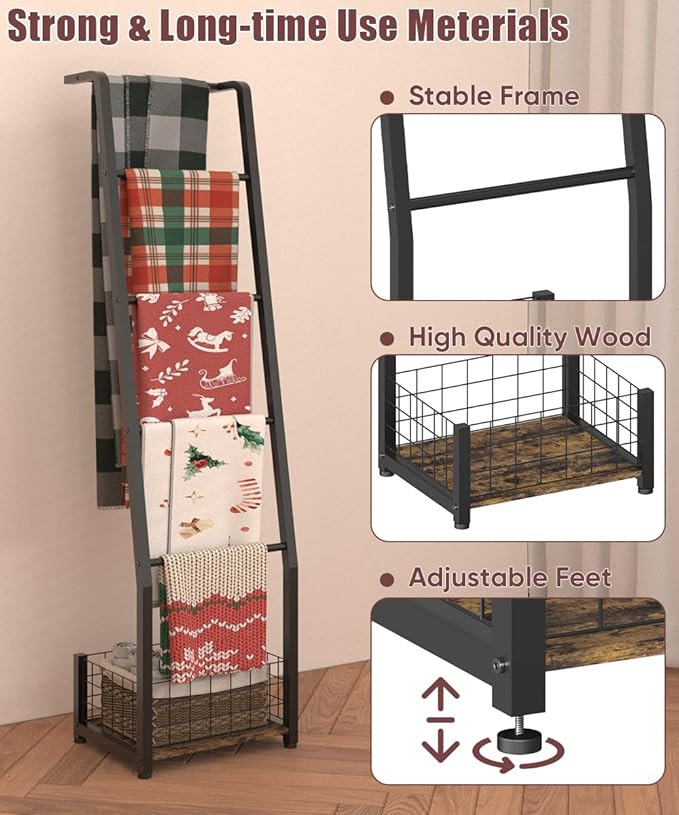 6.3ft Blanket Ladder with Storage Basket, 5 Tier Decorative Ladder Shelf Stand for Living Room & Bedroom, Wall-Leaning Blanke