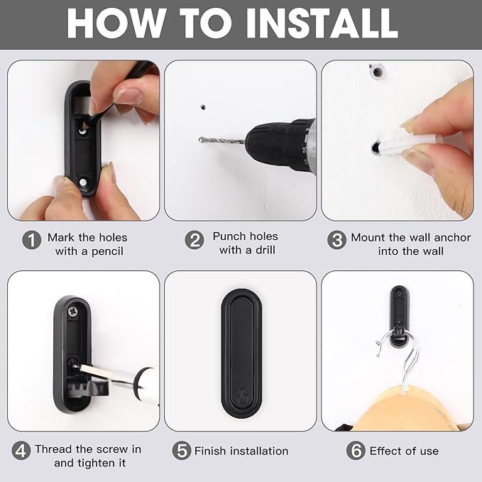 Dntorx Folding Coat Hooks, 6 Pcs Foldable Black Wall Hooks Heavy Duty Foldable Hook Bathroom Towel Hooks Robe Hooks Wall Moun