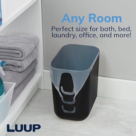 STORi Luup Bathroom Wastebasket 2pk, Secure Grocery Bags, Plastic Garbage Container for Vanity, Laundry Room, Kitchen, Office, 2.5 Gallon, Black, Made in USA