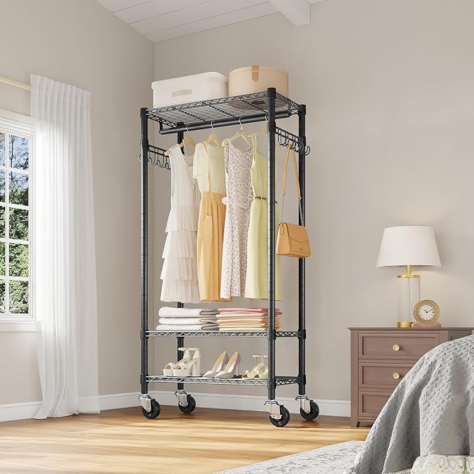 VIPEK R3 Medium Rolling Clothes Racks with Lockable Wheels, Heavy Duty Garment Rack with Adjustable Shelves & Hanging Rod & S