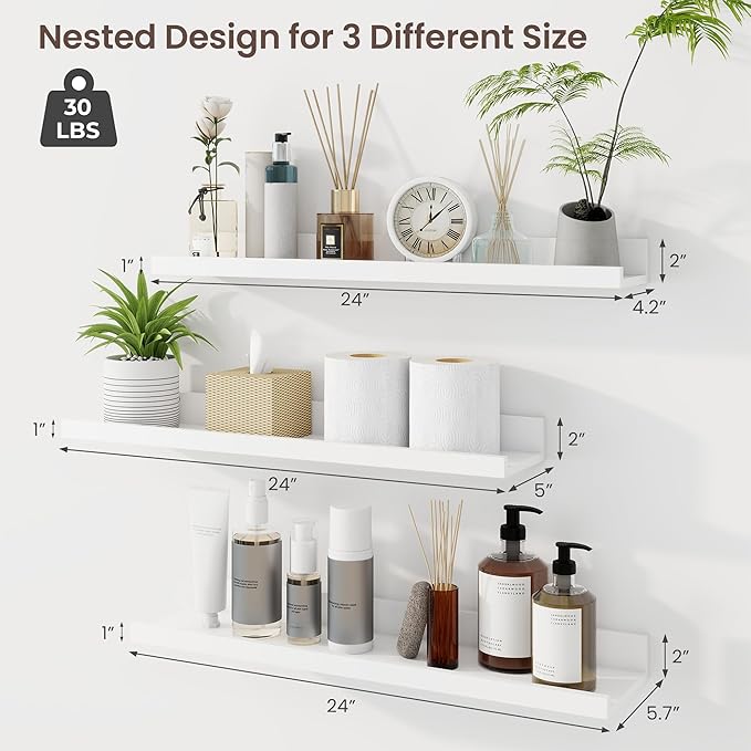 Axeman Picture Ledge Shelf | 24 Inch White Floating Shelves Set of 3 | Rustic Wood Wall Shelves with Lip | 24" White Picture 