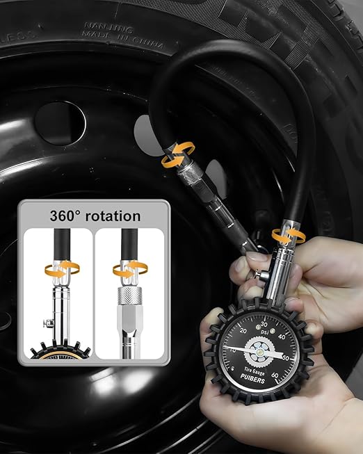 Schrader/Presta Motorcycle Tire Pressure Gauge 60 PSI， 2'' Dial Glow in Dark - Tire Air Pressure Gauge for Car, Motorbike, Bicycle,SUV,Truck Fits Schrader/Presta Valves