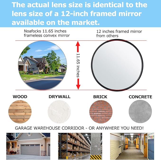 Convex Mirror 11.65" Adjustable Acrylic Wide Angle View Traffic Mirror for Bedroom Enhanced Security Coverage in Warehouses, Garage Parking, and Addressing Indoor/outdoor Corner Security