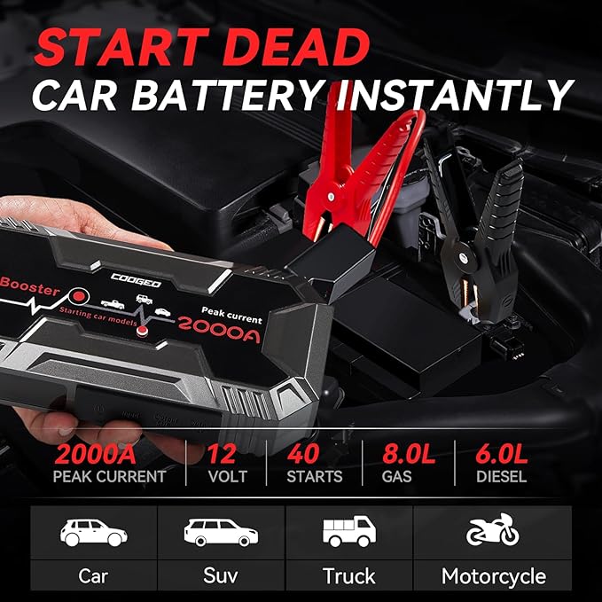 Car Battery Jump Starter Portable, 2000A Jump Starter Battery Pack for 8.0L Gasoline and 6.0L Diesel Engines, 12V Jump Box