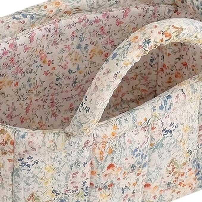 Small Storage Basket Organizer, Mini Fabric Floral Storage Baskets with Handle, Quilted Portable Collapsible Storage (M)