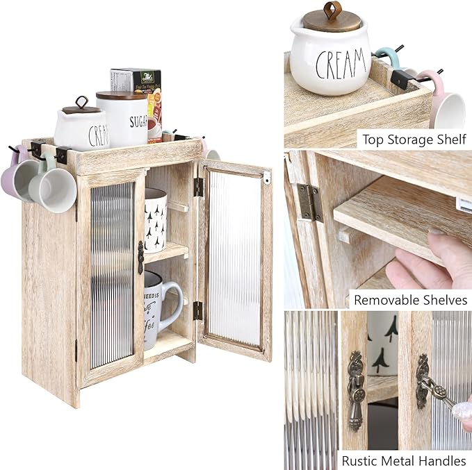 Ikee Design Wooden Countertop Storage Cabinet with Wavy Magnetic Door, Adjustable Shelves, Removable Hooks. Perfect for Perfu