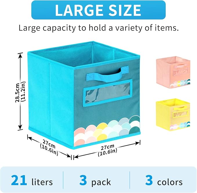 Cube Storage Bins, 3 Pack 11 Inch Fabric Storage Bins with Handle and Label Window, Foldable Storage Cubes, Colorful Fabric B
