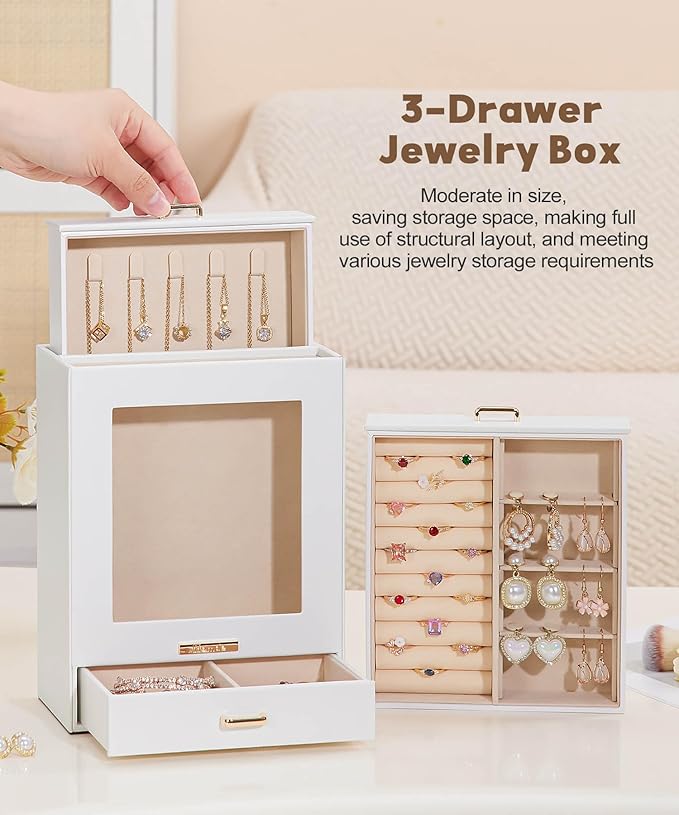 Homde Jewelry Organizer Girls Women Jewelry Box for Necklaces Rings Earrings Gift Bracelets Storage Case (White + Gold)