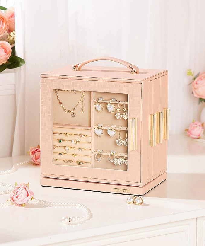 Homde Jewelry Box 360° Rotating, Necklace Earring Organizer with Transparent Window, Mirror, 7 Drawers, Large Ring Display St