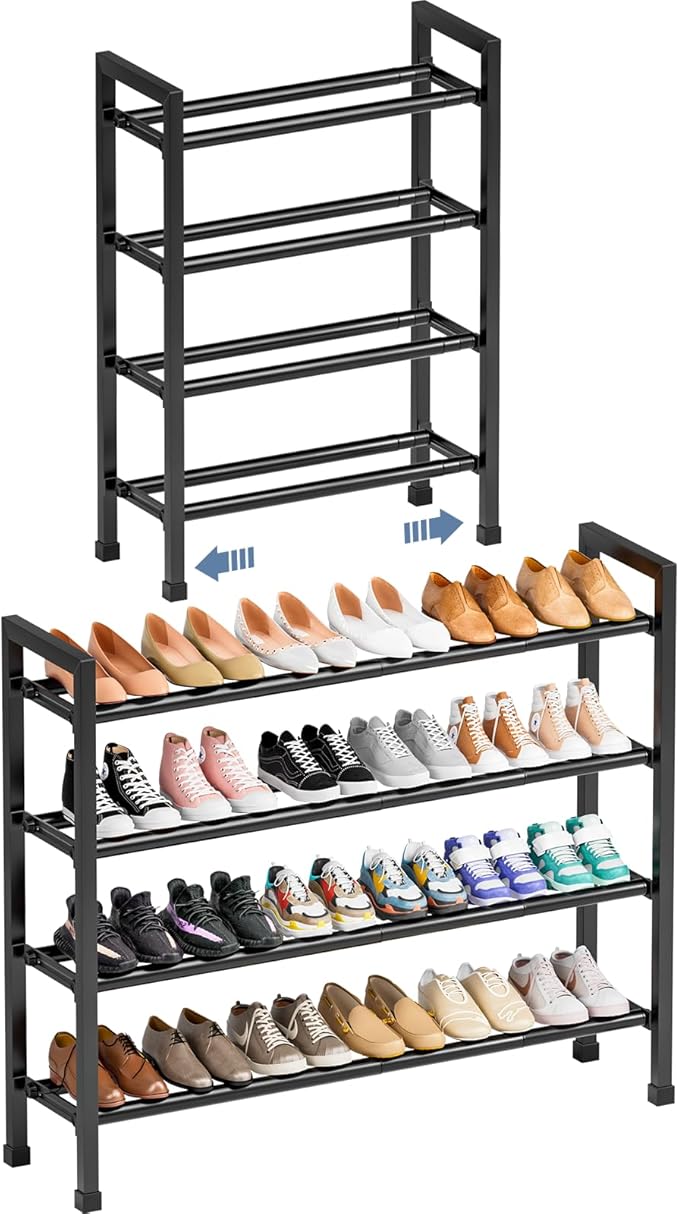 Mavivegue Expandable Shoe Rack, 4-Tier 19"-43.3" Adjustable Shoe Rack for Closet,Hall Entryway,Front Door,Garage, Sturdy Stee