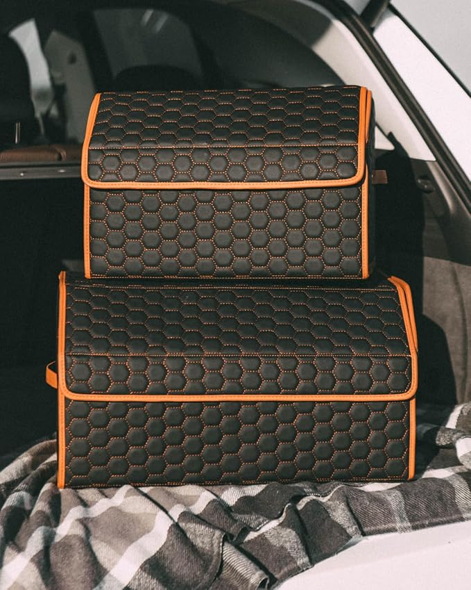 Owleys Sedan Trunk Organizer 17.7" Storage Tote For Groceries, Tools & Travel Gear - Foldable Eco-Leather Car Crate With