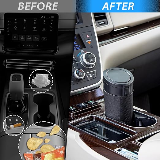 Car Cup Holder Trash Can with Lid - Mini Small Auto Garbage Can Bin for Vehicle, Car Door, Back Seat - Leakproof Portable Dustbin (Black)