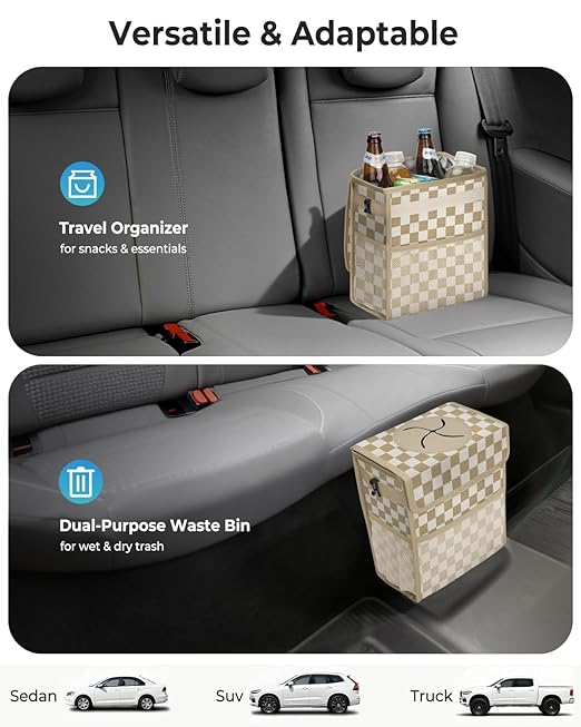 Corduroy Car Trash Can with Lid and Mesh Pockets - Leakproof Organizer,Multipurpose Waterproof Garbage Can/Trash Bin for Car(White Base with Khaki-2 Gallons)