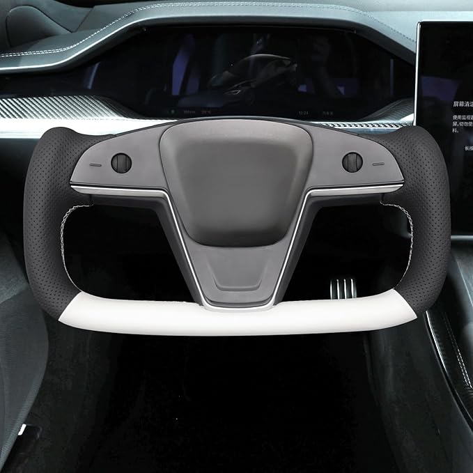 MEWANT Hand Stitched White Leather Steering Wheel Cover Wrap for Tesla Model S 2021-2023 / Model X 2021-2023 Steering Wheel Accessories