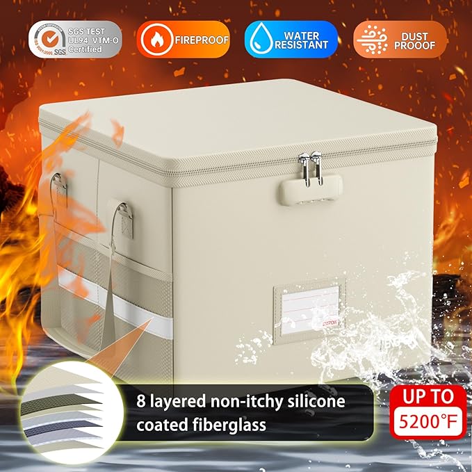 ENGPOW 5200°F File Box Fireproof Document Box with Lock,Heat Insulated Collapsible File Storage Organizer Box with Handle,Por