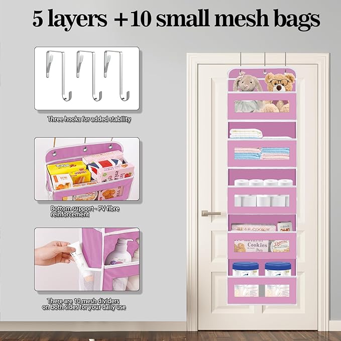 KYEVIS Over The Door Organizer, 5 Shelves Closet Door Hanging Organizer with 10 Mesh Pockets, Nursery Closet Organizer, Baby 