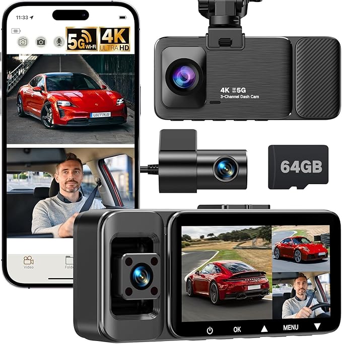 4K Dash Cam Front and Rear Inside, 3-Channel Cars Camera Dash with 170° Wide Angle, Free 64GB SD Card, 5.8GHz WiFi, Night Vis