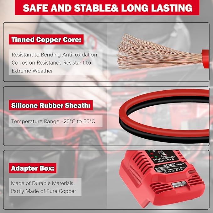 Car Jump Starter Adapter for Milwaukee 18V MAX - 11AWG Heavy Duty Booster Cable for 3.5L Vehicles (Battery Not Included)