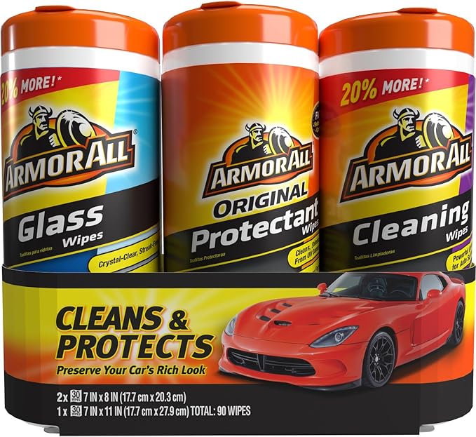 Armor All Protectant, Glass and Cleaning Wipes, Wipes for Car Interior and Car Exterior, 30 Count Each (Pack of 3)