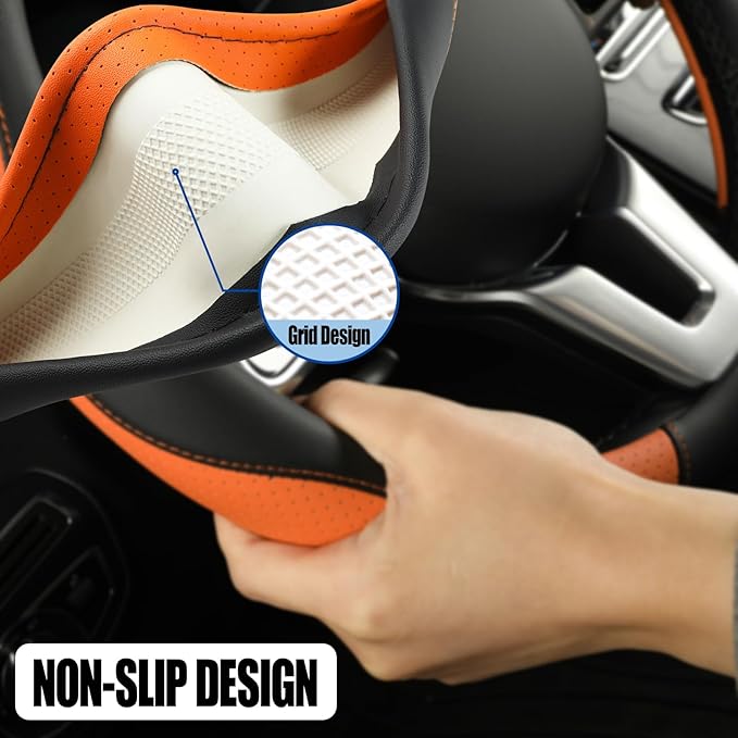 Leather Steering Wheel Cover, Breathable, Anti Slip & Odor Free, Black and Orange